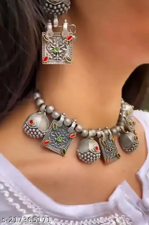 Bohemian Indian Statement Choker Necklace - Silver Oxidized Jute Thread Handmade Gypsy Jewelry