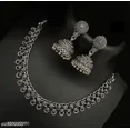 thumbnail image 1 of Boho Oxidized Choker Necklace with Vintage Pendant and Antique Drop Earrings, Handmade Kundan Rhinestone Jewelry Set, Indian Gypsy Bollywood Wedding Statement for Women, 1 of 1