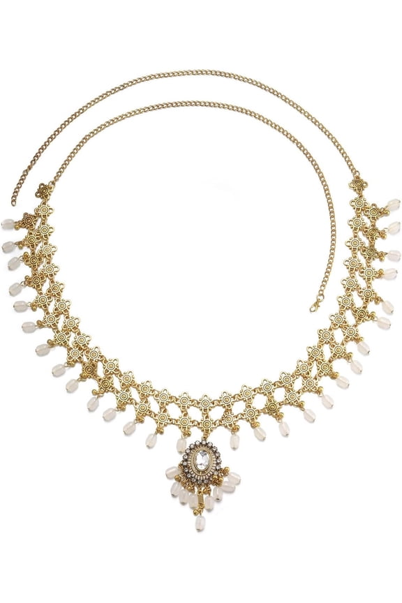 Boho Oxidized Ethnic Indian Style Waist Chain for Women - Dainty Crystal Wedding Traditional Flower Beads Hanging Sexy Belly Body Chains Belts Vintage Jewelry Adjustable Accessories for Beach Bikini