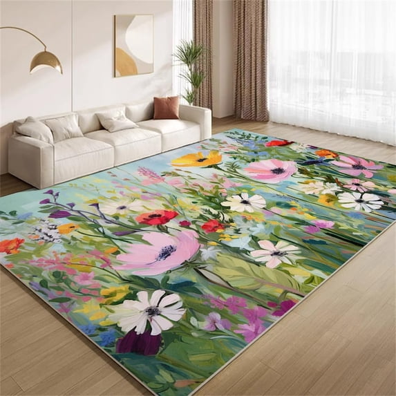 Boho Painted Floral Area Rugs, Artistic Plant Carpet, Washable Non Slip ...