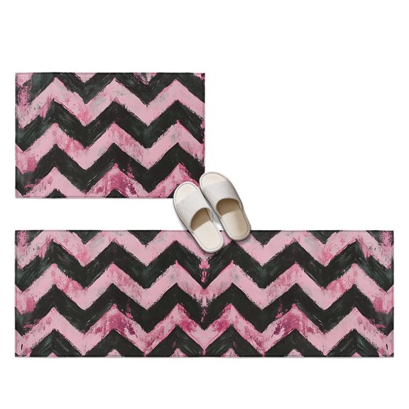 Boho Painted Waves 2 Pieces Non-Slip Kitchen Mat Set, Abstract Art Pink Black Graffiti Jagged Edges Soft Door Mat with Rubber Backing, Dirtproof Rugs for Entrance Doorway, 19.7x31.5in+19.7x47.2in
