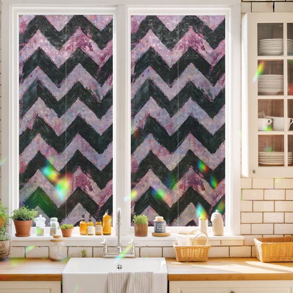 Boho Painted Waves Window Privacy Film Abstract Art Pink Black Graffiti Jagged Edges Static Cling Stained Glass Window Film Non-Adhesive Decorative Decals Rainbow Sticker 17.7"X39.3"