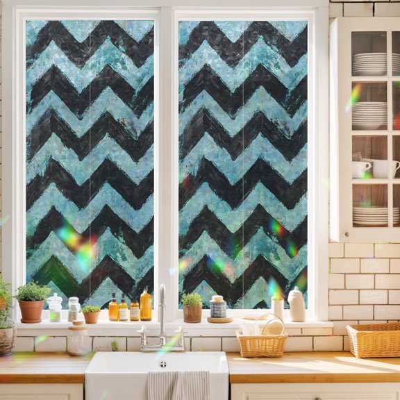 Boho Painted Waves Window Privacy Film Abstract Artistic Blue Black Graffiti Jagged Edges Static Cling Stained Glass Window Film Non-Adhesive Decorative Decals Rainbow Sticker 17.7"X39.3"