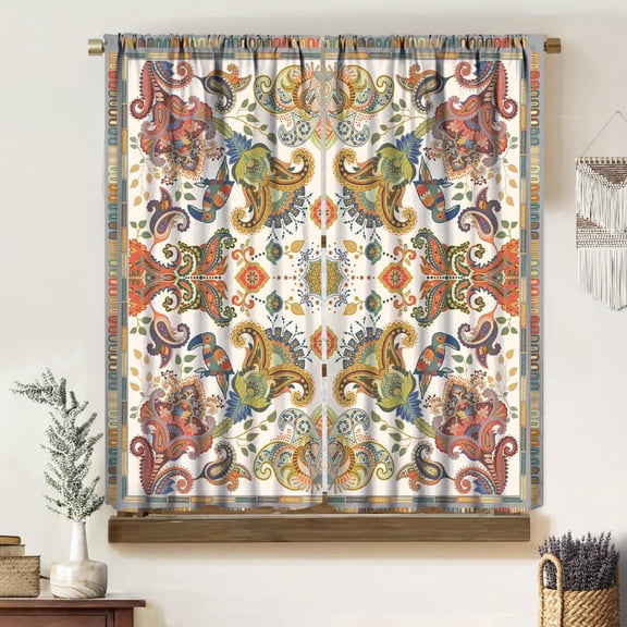 Boho Paisley Blackout Curtains, Retro Minimalist Medieval Ethnic Style Geometric Floral Texture Aesthetic Print Rod Pocket Window Treatments Drapes for Bedroom Living Room Kitchen 72"W X 63"L