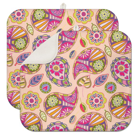 Boho Paisley Coffee Mat with Chic Floral and Tribal Patterns – Durable Microfiber Spill Mat, Lightweight Dish Drying Pad for Coffee Bars and Home Use