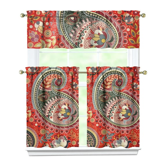 Boho Paisley Design Kitchen Curtains - 3 Piece Set Colorful Floral, Tribal Geometric Tiers with Valance, Semi-Sheer Caf Curtains