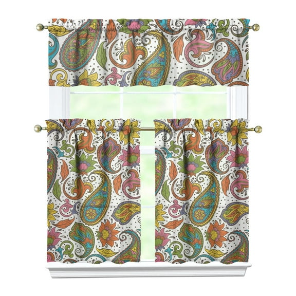Boho Paisley Design Kitchen Curtains - 3 Piece Set Colorful Floral, Tribal Geometric Tiers with Valance, Semi-Sheer Caf Curtains