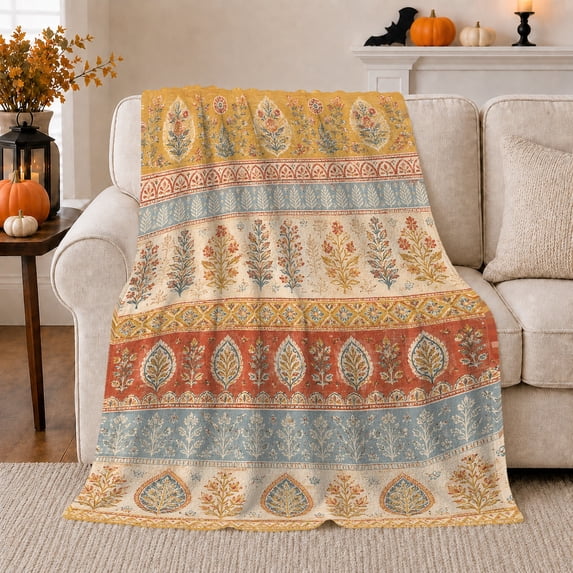 Boho Paisley Floral Bands in Coral and Blue, Nostalgic Botanical Style for Flower Lovers, Folk Garden Stripe and Housewarming Gift, Cozy Flannel Blanket for Bedroom and Guest Room, Home Decor