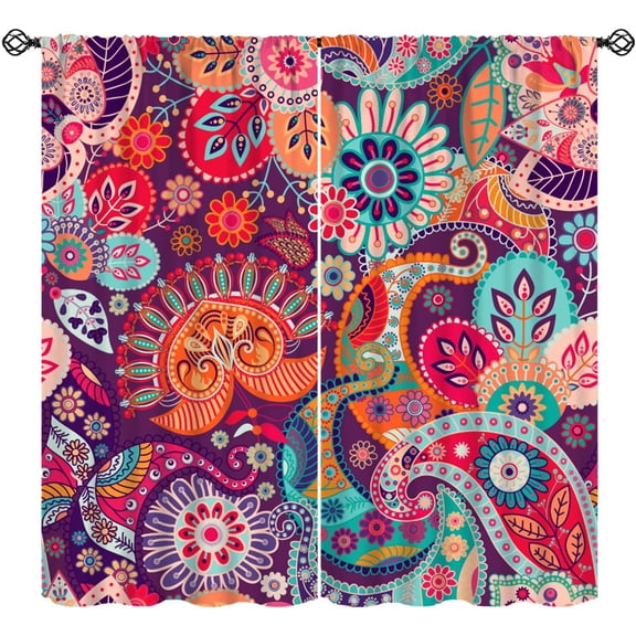 Boho Paisley Floral Curtains, Mandala Indian Bohemian Colorful Flowers Print Window Curtain for Bedroom Living Room Home 42 W X 45 L(No Blackout)
