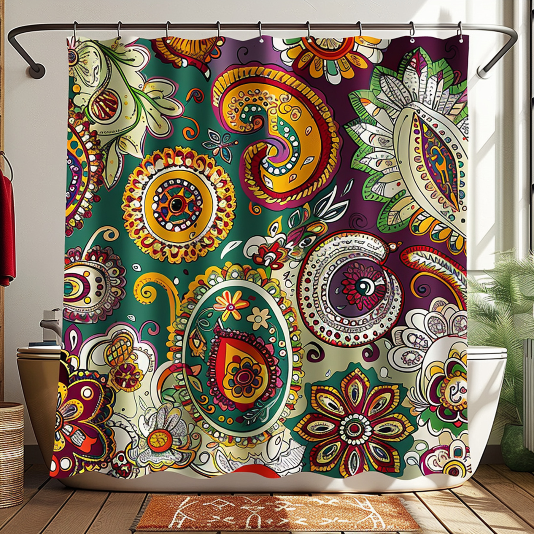 Boho Paisley Floral Shower Curtain Red Green Yellow Purple Bathroom