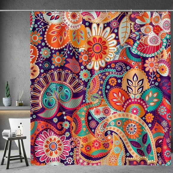 Boho Paisley Floral Shower Curtains, Mandala Indian Bohemian Colorful Flowers Bath Curtain Set with 12 Hooks Bathroom Decor Accessories, 72"x72"