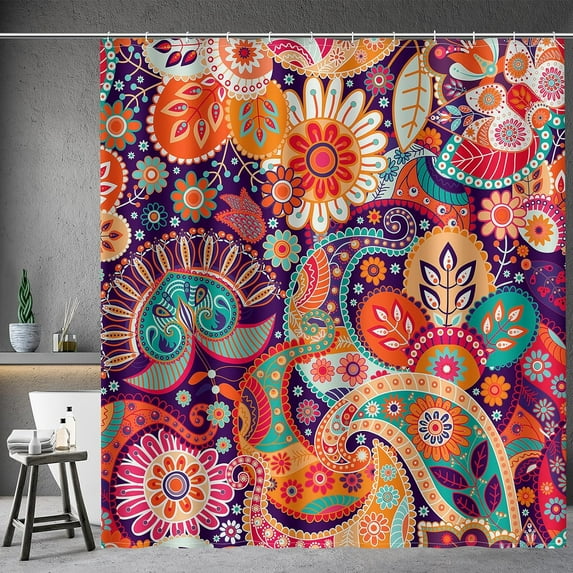 Boho Paisley Floral Shower Curtains - Mandala Indian Bohemian Colorful Flowers Bath Shower Curtain Set with 12 Hooks for Adults Kids Bathroom Decor Accessories, 72"x72"