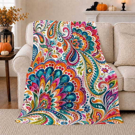 Boho Paisley Mandala Floral Draped Sofa Cheerful Energetic, Cozy Friendship Quote Scene, Warm Flannel Blanket for Living Room and Reading Nook, Art Lovers Appreciation Gift, Artistic Home Decor