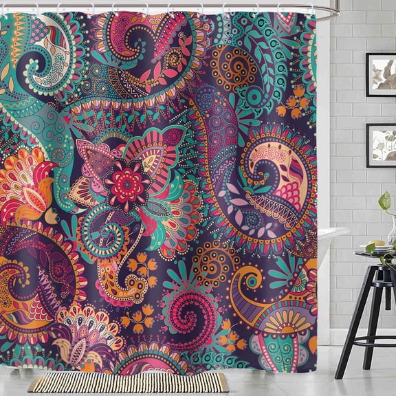Boho Paisley Mandala Shower Curtain for Bathroom Decor 72Wx84H Extra Long Purple Bohemian Floral Indian Colorful Art Printed Fabric Polyester Waterproof 12 Pack Plastic Hooks