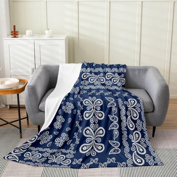 Boho Paisley Plush Throw Blanket Jacquard Paisley Flower Flannel Blanket Baby 30"x40" Navy Blue and White Floral Print All Season for Couch Bed Sofa Bedroom Decor