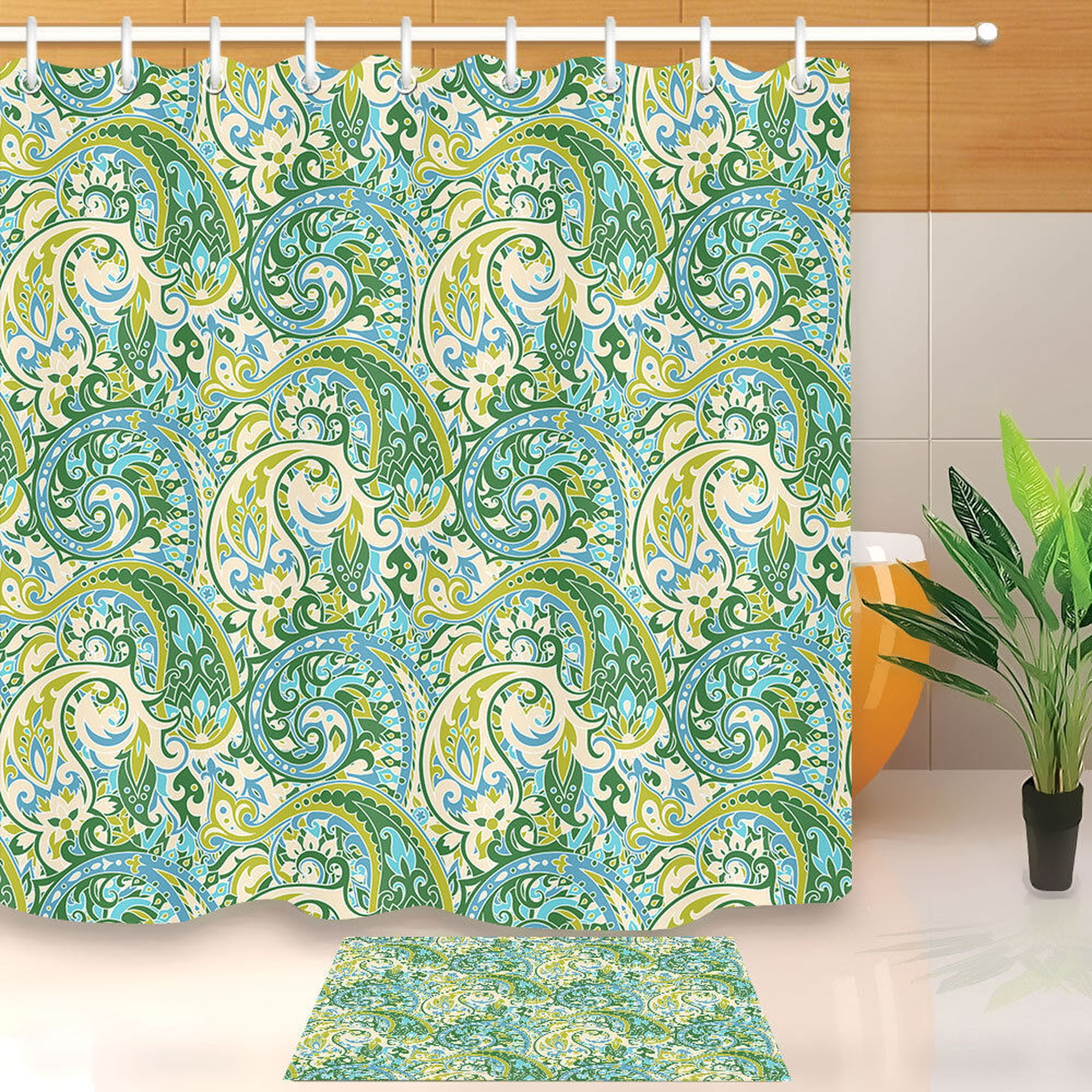 Boho Paisley Shower Curtain Hooks Vintage Chic Design, Water
