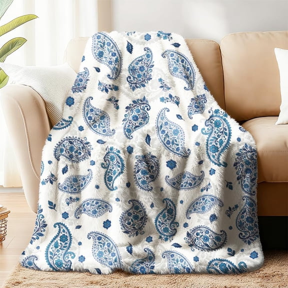 Boho Paisley Throw Blanket Vintage Botanical Floral Cozy Throw Blanket Navy Damask Fuzzy Soft Flannel Fleece Blanket Gifts