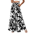 thumbnail image 1 of Boho Palazzo Pants for Women Casual Trendy Vacation Wide Leg Pants Fall Lounge Drawstring High Waisted Trousers Black, 2XL, 1 of 6