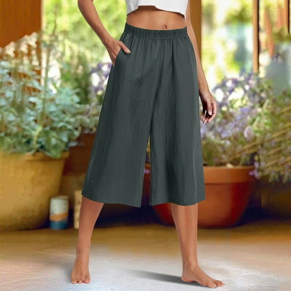 Boho Palazzo Pants for Women Summer Casual Wide Leg Capris Loose Fit Elastic Waist Yoga Pants with Pockets
