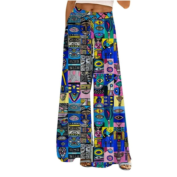 Boho Palazzo Pants for Women Trendy Print High Waist Wide Leg Baggy Trousers with Pocket Summer Loose Casual Fashion Pants, Multicolor, M