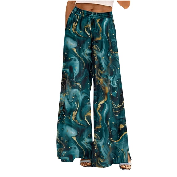 Boho Palazzo Pants for Women Trendy Print High Waist Wide Leg Baggy Trousers with Pocket Summer Loose Casual Fashion Pants, Multicolor, M