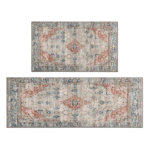 Boho Pale Orange Vintage Carpet Kitchen Rugs and Mats Sets Of 2, Funny Kitchen Decoration Rubber Backing Non-Slip Absorbent Mats for Sink Waterproof Runner Rug for Laundry Room 17x30+17x48inch