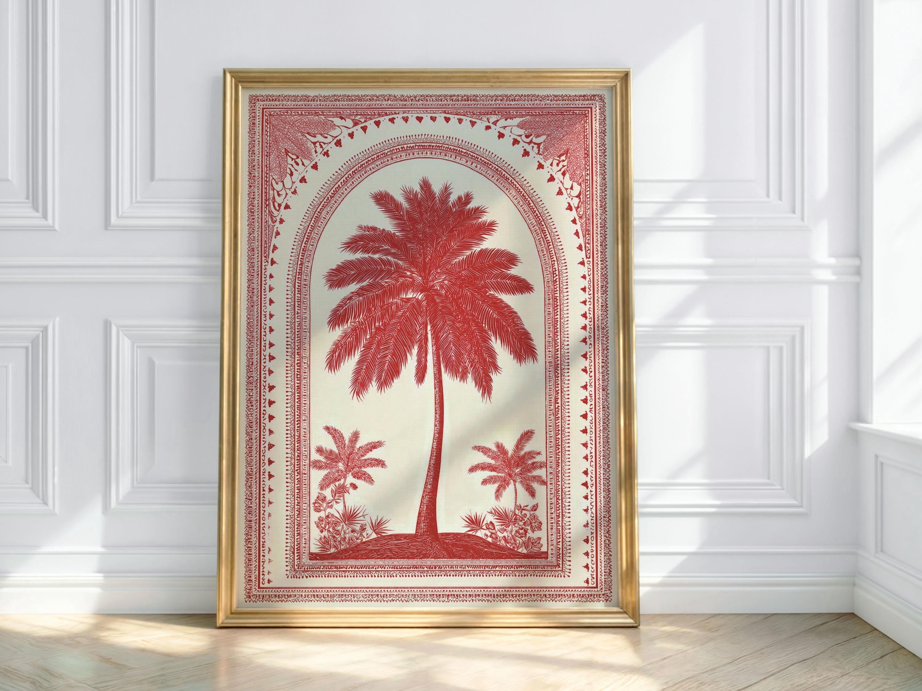 Boho Palm Tree Illustration Poster Red Botanical Tropical Wall Art ...