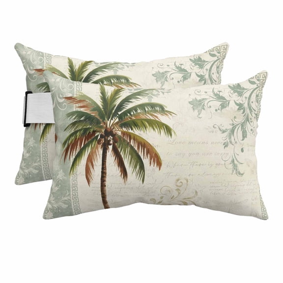 Boho Palm Tree Outdoor Pillows for Chaise Lounge Chair Beach Headrest Pillow Set of 2 Waterproof Lumbar Pillows with Insert&Adjustable Strap Tropical Summer Sailboat Vintage Pool Pillow 12"x20"