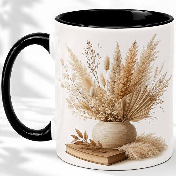 Boho Pampas Grass Accent Mug, 11oz Ceramic Coffee Cup for Decor Lovers