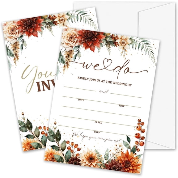 Boho Pampas Grass Wedding Invitations, 5"x 7" Autumn Wildflower Wedding Invites Card With Envelopes, 25 PCS for Party Decorations and Supplies - A08