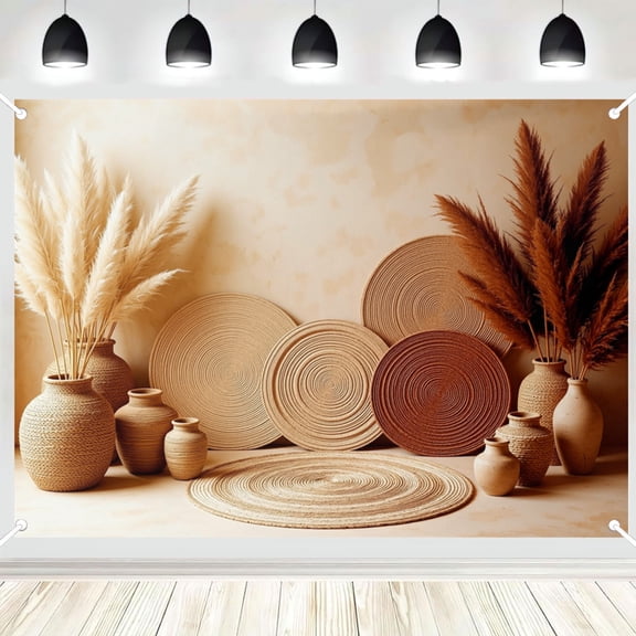 Boho Pampas Grass Woven Vase Round Mat Photography Backdrop, Neutral Rustic Wall Photo Background for Studio Portrait Shoot 3x5ft