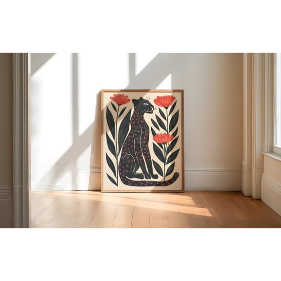 Boho Panther Wall Art Print – Minimalist Botanical Animal Poster – Modern Black Cat Artwork For Living Room Or Bedroom Decor – Unframed Wall Art, Modern Wall Decor, 8x12 UNFRAMED