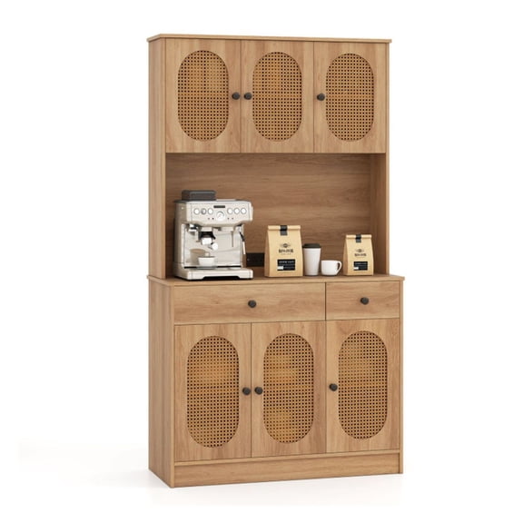 Boho Pantry Cabinet with Charging Station, 6 Door Kitchen Buffet Storage - PE Rattan, Adjustable Shelves, 2 Outlet/2 USB, Natural Wood Finish