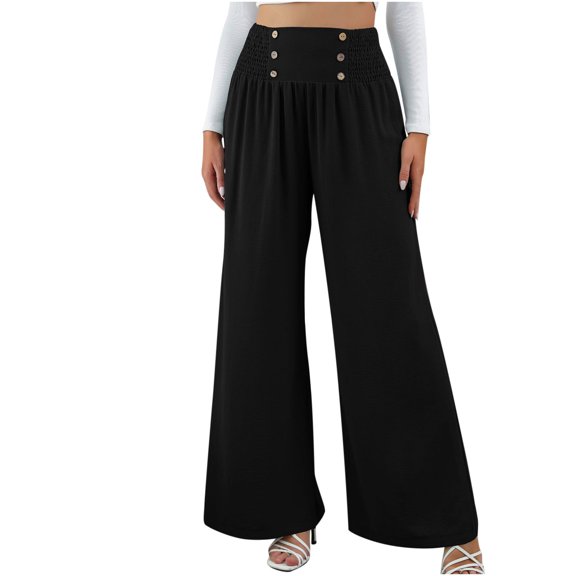 Boho Pants for Women Beach Pants Lounge Trousers High Waisted Wide Leg Pants Pleated Belly Control Flowy Slacks