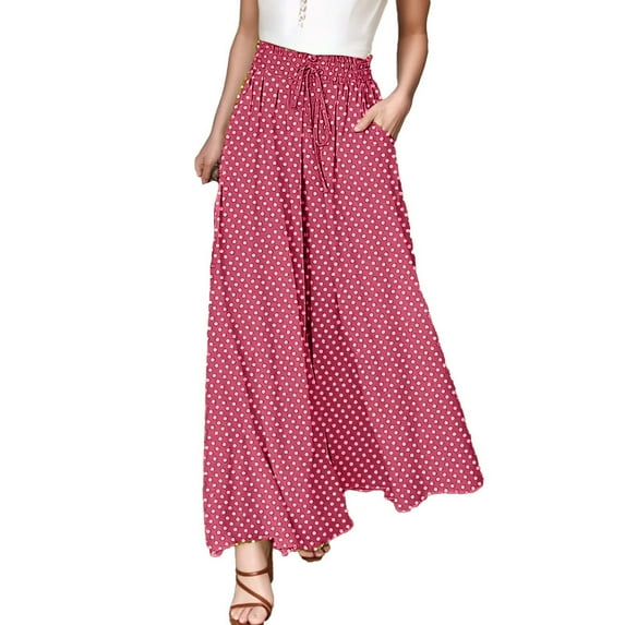 Boho Pants for Women Trendy Polka Dots Drawstring Wide Leg Trousers Elastic Waist Flowy Beach Pant with Pockets (S, Red)