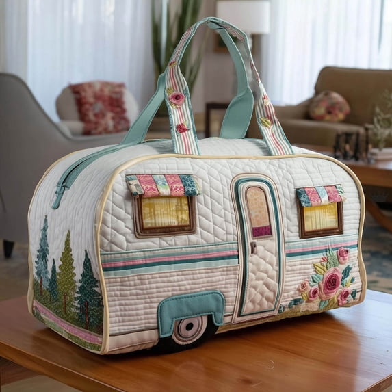 Boho Patchwork Camper Print Quilted Duffle Bag, Vintage Handmade Weekender Travel Tote for Overnight Trip, Camping, Casual Daily Luggage Storage B