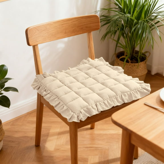 Boho Patchwork Chair Pad Cushion Spring Solid Color Seat Cushion with Elegant Ruffle Edge Soft Cotton Winter Decorative Cushion Vintage Decoration for Dining Office Wooden Chairs 17.72 Inch(Beige)