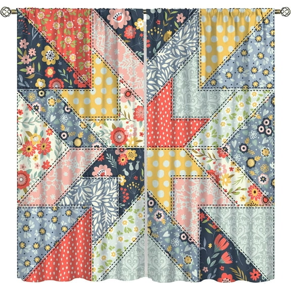 Boho Patchwork Curtains,Colorful Retro Mid-Century Floral Spring Plant Rustic Print Rod Pocket Window Treatments Drapes for Bedroom Living Room Kitchen Bath 53"W x 96"L (Pack of 2)