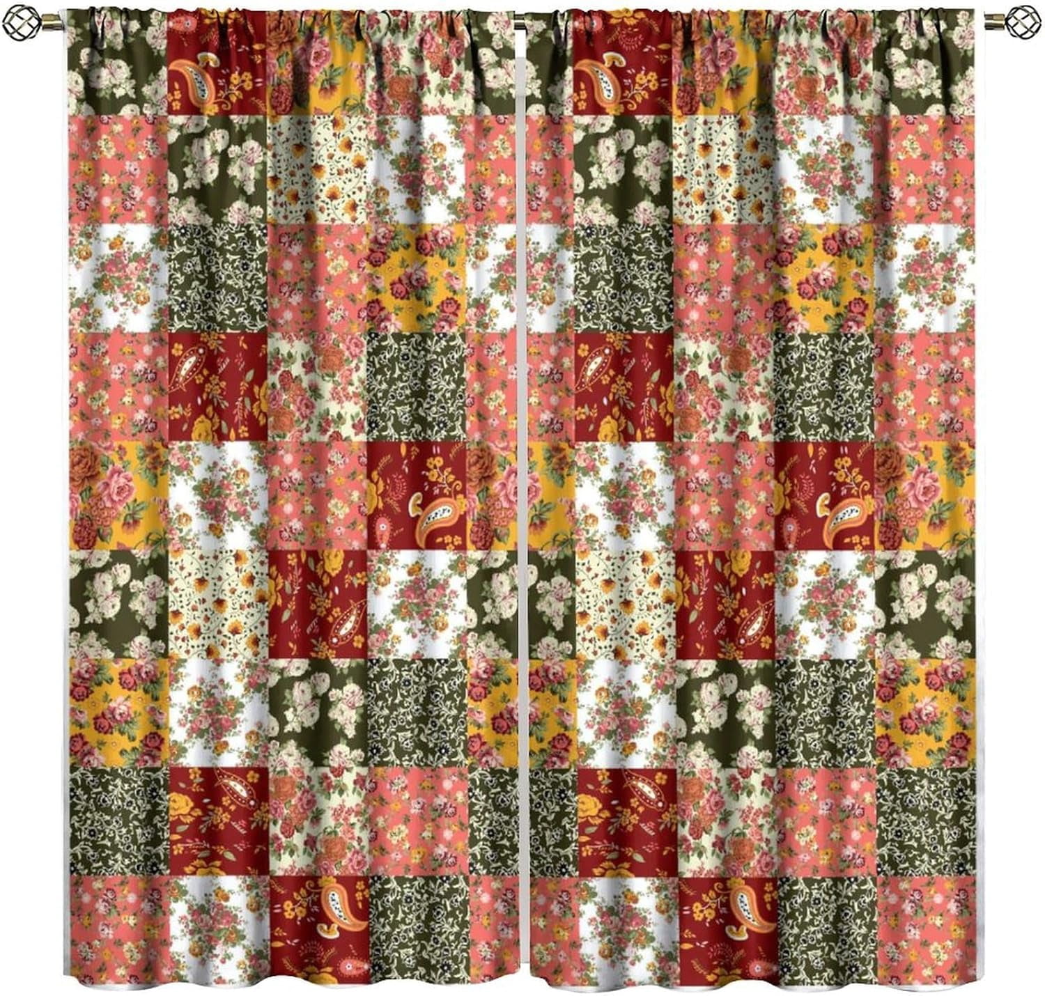 Patchwork Designs Window Boho Patchwork Curtains,Modern Vintage Mid-Century Colourful Floral ...