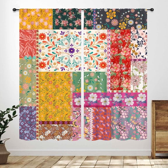Boho Patchwork Curtains,Spring Colorful Wildflower Farmhouse Bohemian Country Retro Floral Rural Cottage Bedroom Living Room Kitchen Window Treatment Curtains 42" W x 63" L,2 Panel Set