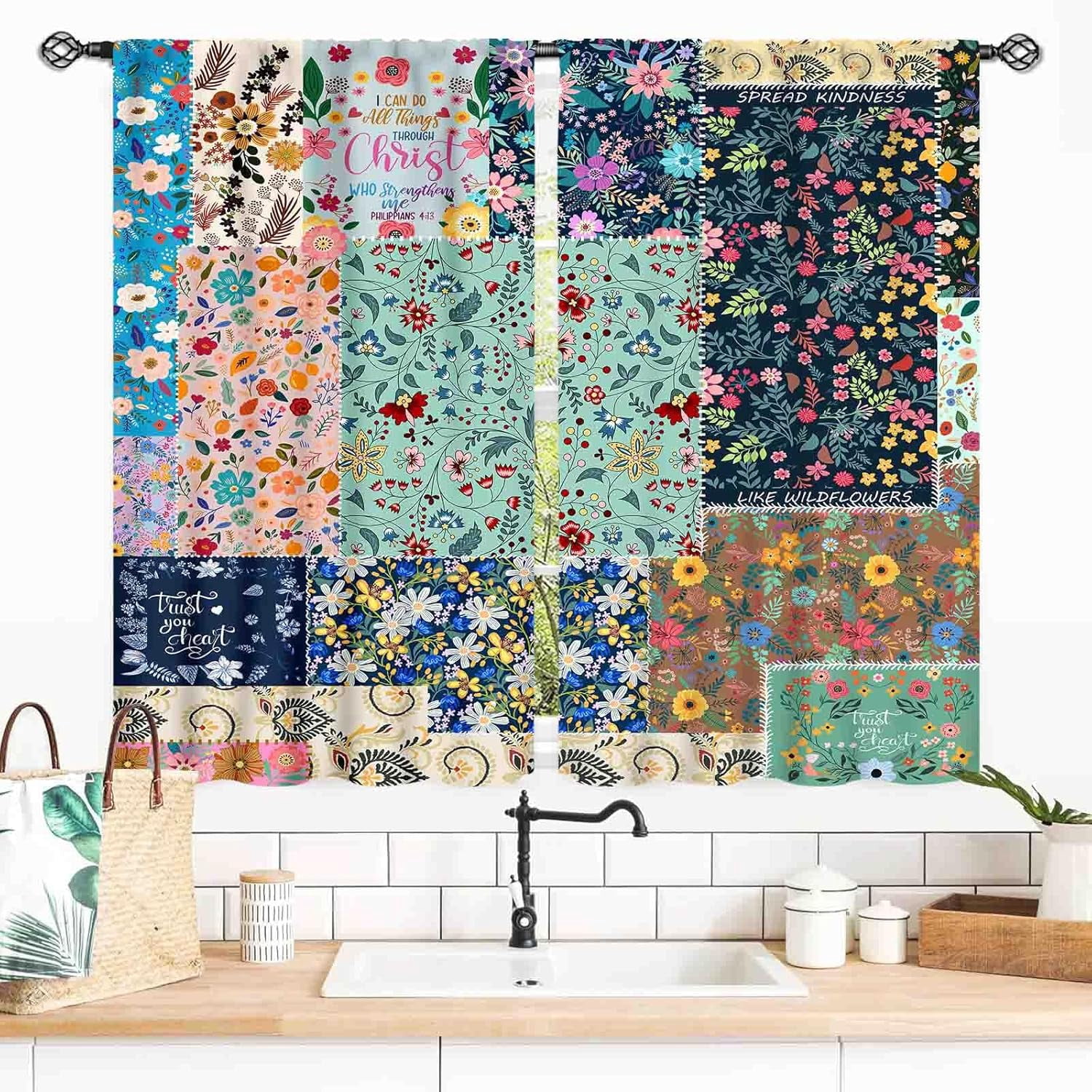 Boho Patchwork Curtains, Vintage Colorful Floral Bohemian Spring Wildflower Retro Pattern Stitching Bohemian Window Curtains for Living Room Bedroom Kitchen Bathroom 2 Panels, 55x39 Inch