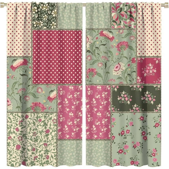 Boho Patchwork Curtains Vintage Floral Colorful Wave Point Checkered Pattern Blackout Print Rod Pocket Window Drapes for Bedroom Living Room 53"W x 63"L (Pack of 2)