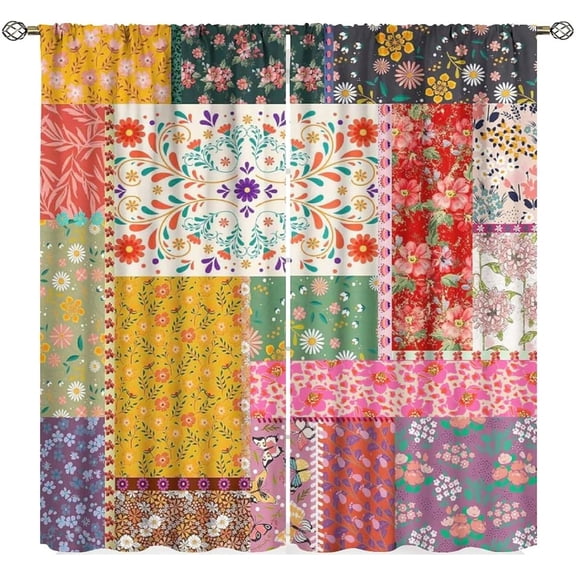 Boho Patchwork Curtains,Vintage Flower Bohemian Paisley Floral Pattern Window Curtains for Living Room Bedroom Kitchen Bathroom 2 Panels 84x84 Inch Blackout