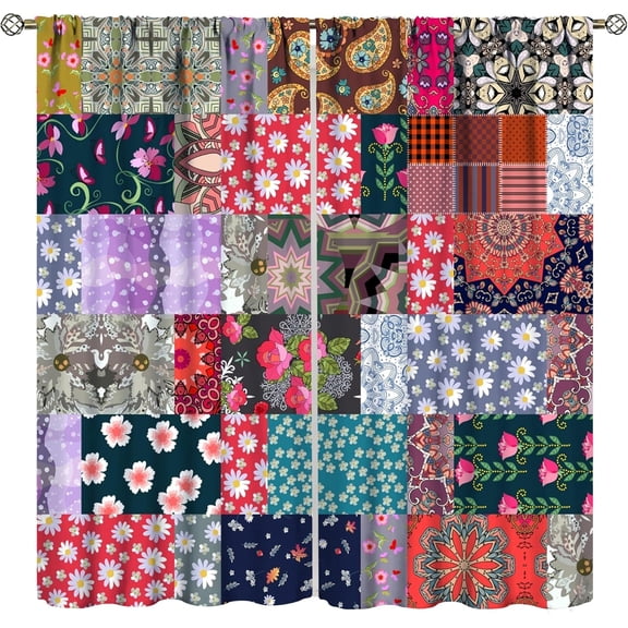 Boho Patchwork Curtains,Vintage Rustic Splicing Wildflower Home Decor Drapes for Bedroom Living Room Kitchen Window Treatment Set -52"W x 72"L (Pack of 2)