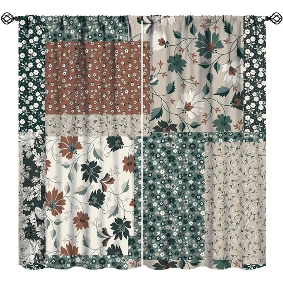 Boho Patchwork Floral Curtains Retro Rustic Flowers Plants Vintage Green Brown Art Design Girls Women Bedroom Living Room Blackout Rod Pocket Decoration Window Drapes 2 Panels W42xL63in
