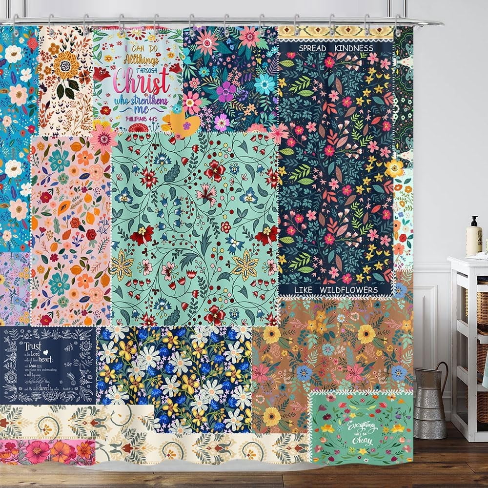 Boho Patchwork Floral Shower Curtain, Vintage bohemian Colorful Flowers Inspirational Quotes Shower Curtain, Retro Funky Wildflower Hippie Eclectic Pattern Shower Curtain Fabric Waterproof 72"x72"