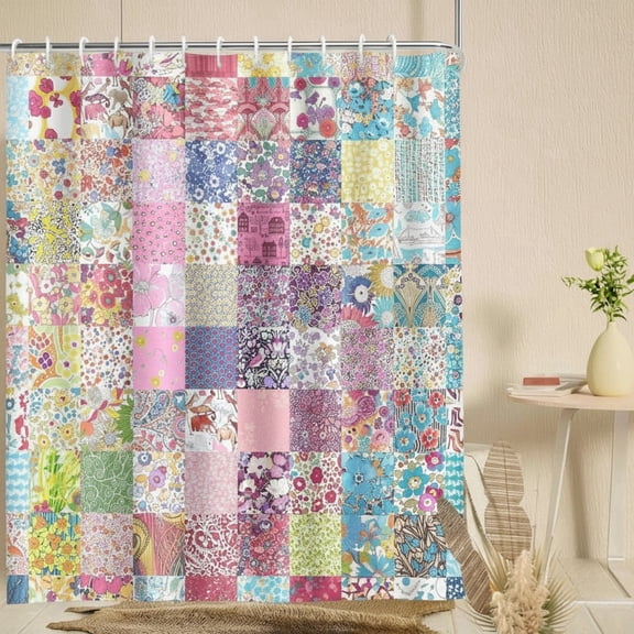 Boho Patchwork Shower Curtain, Spring Blooming Splicing Flowers Pattern Shower Curtains, Home Decor Art Shower Curtain Set with Hooks, Waterproof Washable Upgrad Polyester