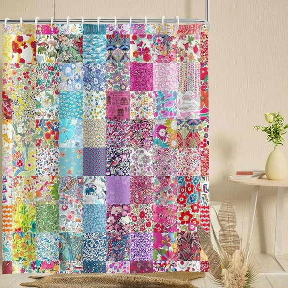 Boho Patchwork Shower Curtain, Spring Blooming Splicing Flowers Pattern Shower Curtains, Home Decor Art Shower Curtain Set with Hooks, Waterproof Washable Upgrad Polyester