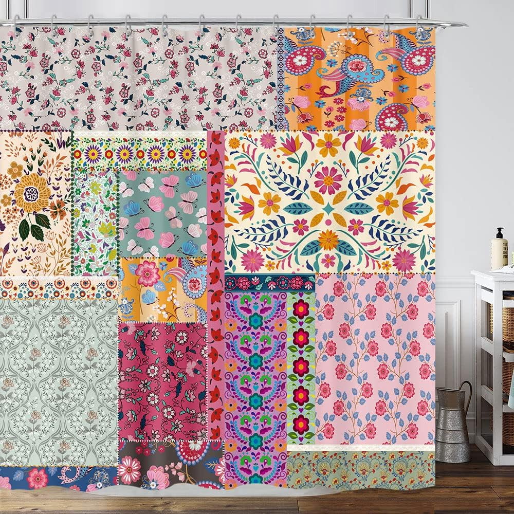 Boho Patchwork Shower Curtain, Vintage Bohemian Paisley Stitching