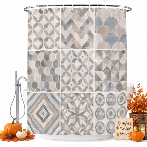 Boho Patchwork Shower Curtain, Waterproof Shower Curtains for Bathroom, Modern Bohemian Abstract Geometric Plaid Washable Fabric Bathtub Curtain Set Bath Decor with 12 Hooks Long 72"x84"